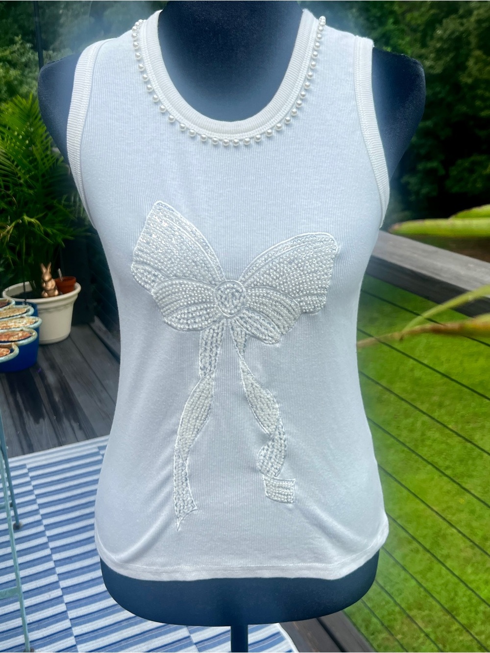 Lizette Collection XL White Beaded Bow Tank Top Pearl Trim Coquette